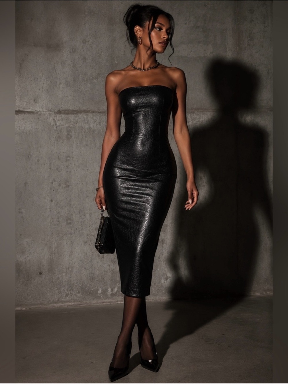 Naked Wardrobe Croc Embossed Faux Leather Dress Black